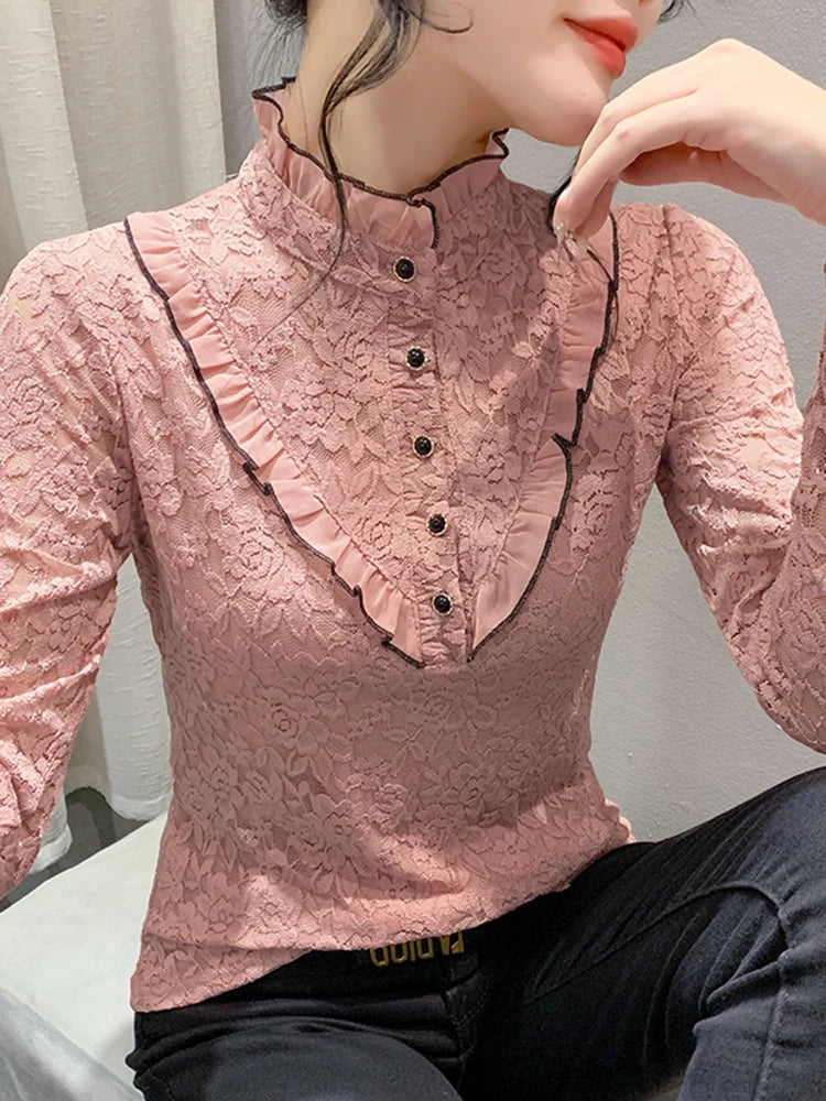 Fleece Lined Lace Long Sleeve Half High Collar Base Shirt Women's Sexy Mesh Top Slimming Versatile Korean Style Commute Wind