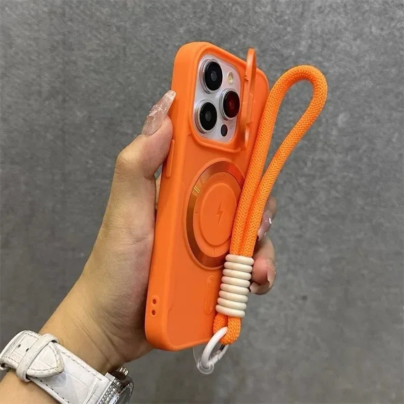 Luxury Flip Up Lens Holder Magnetic Case for iPhone 16 15 14 13 12 11 Pro Max 17 Plus Fashion Nylon Wristband Lanyard Soft Cover