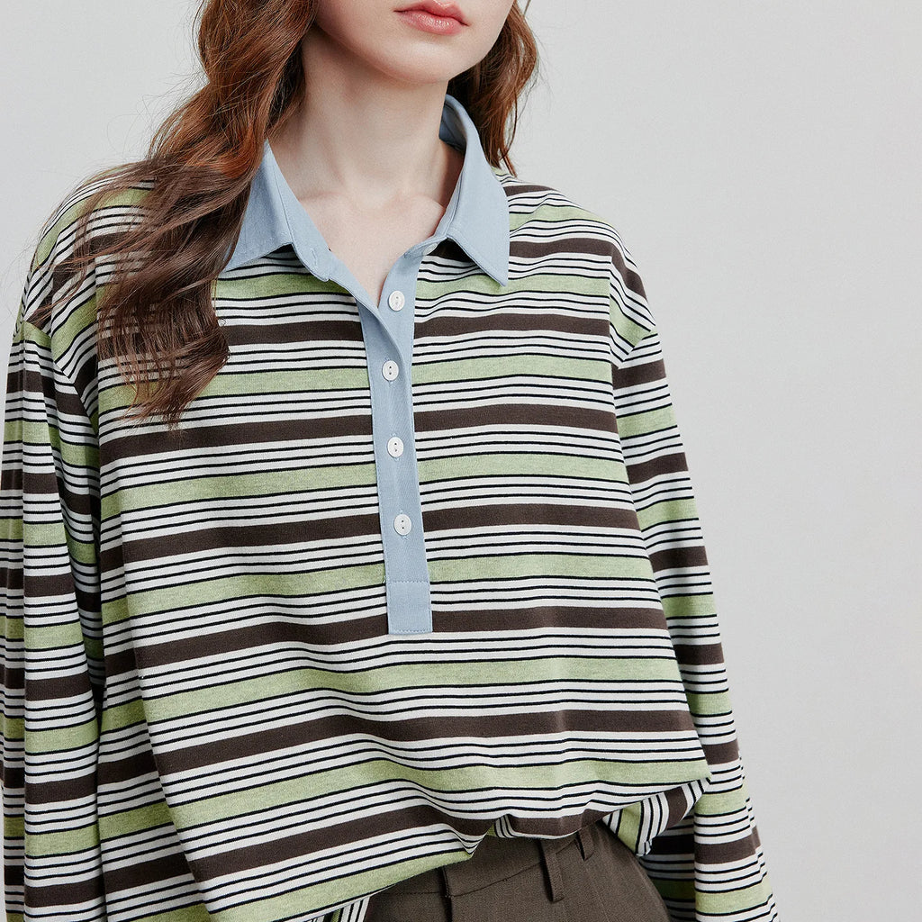 TOYOUTH Women Long Sleeve T-shirt 2025 Autumn New Striped Turn Down Collar Contrasting Casual Pullover Tops