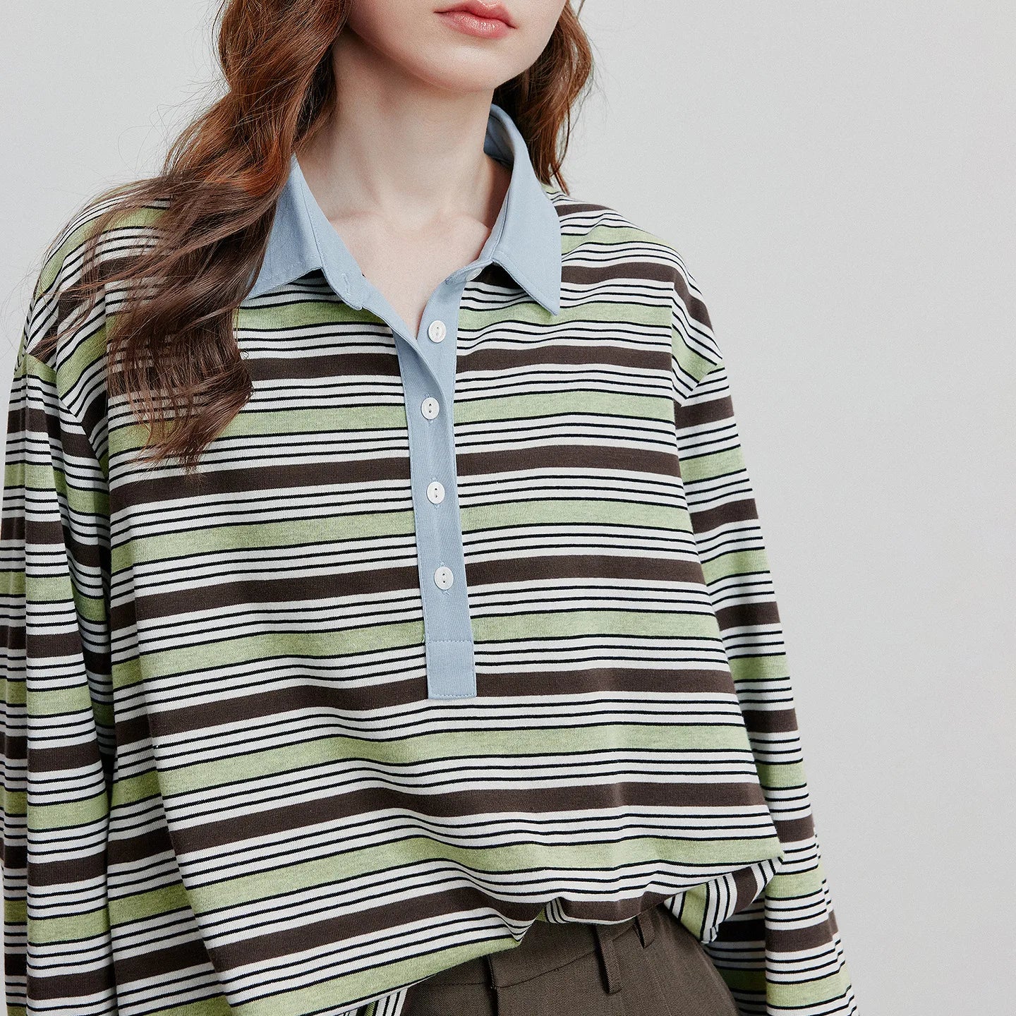 TOYOUTH Women Long Sleeve T-shirt 2025 Autumn New Striped Turn Down Collar Contrasting Casual Pullover Tops