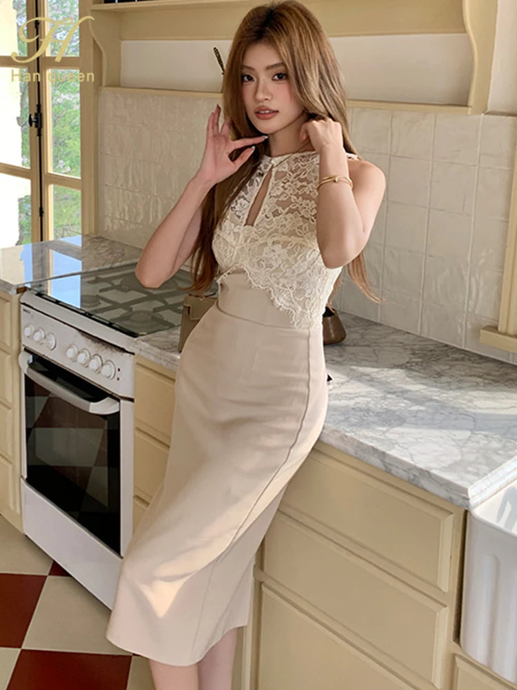 Fashion Sexy O Collar Sleeveless Vintage Club Party Dresses Halter Strapless Summer OL Lace Bodycon Pencil Dress
