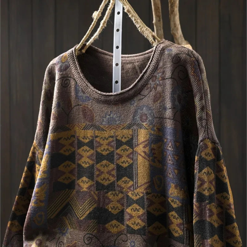 Johnature Vintage Loose Personality O-Neck Sweater 2025 Woman Winter New Long Sleeves Chinese Style Vintage Style Sweater