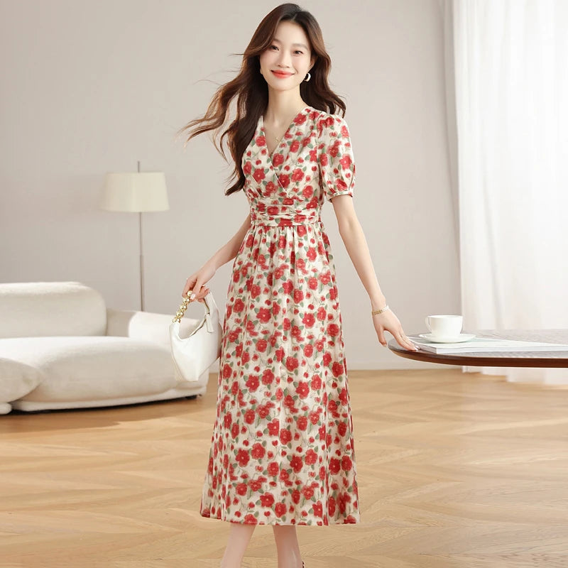 JiuMeiDai-Elegant A-Line V-Neck Dress for Women,  Red Floral Summer Robe, Vintage Designer Party Clothing, Office Lady