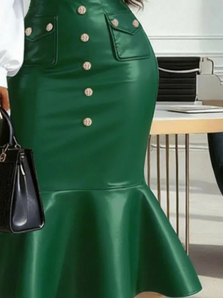 UOOZEE Women's Faux Leather High Waist Midi Skirt Gold Buttons Flared Mermaid Hem Formal Office Cocktail Bodycon Skirts 2026