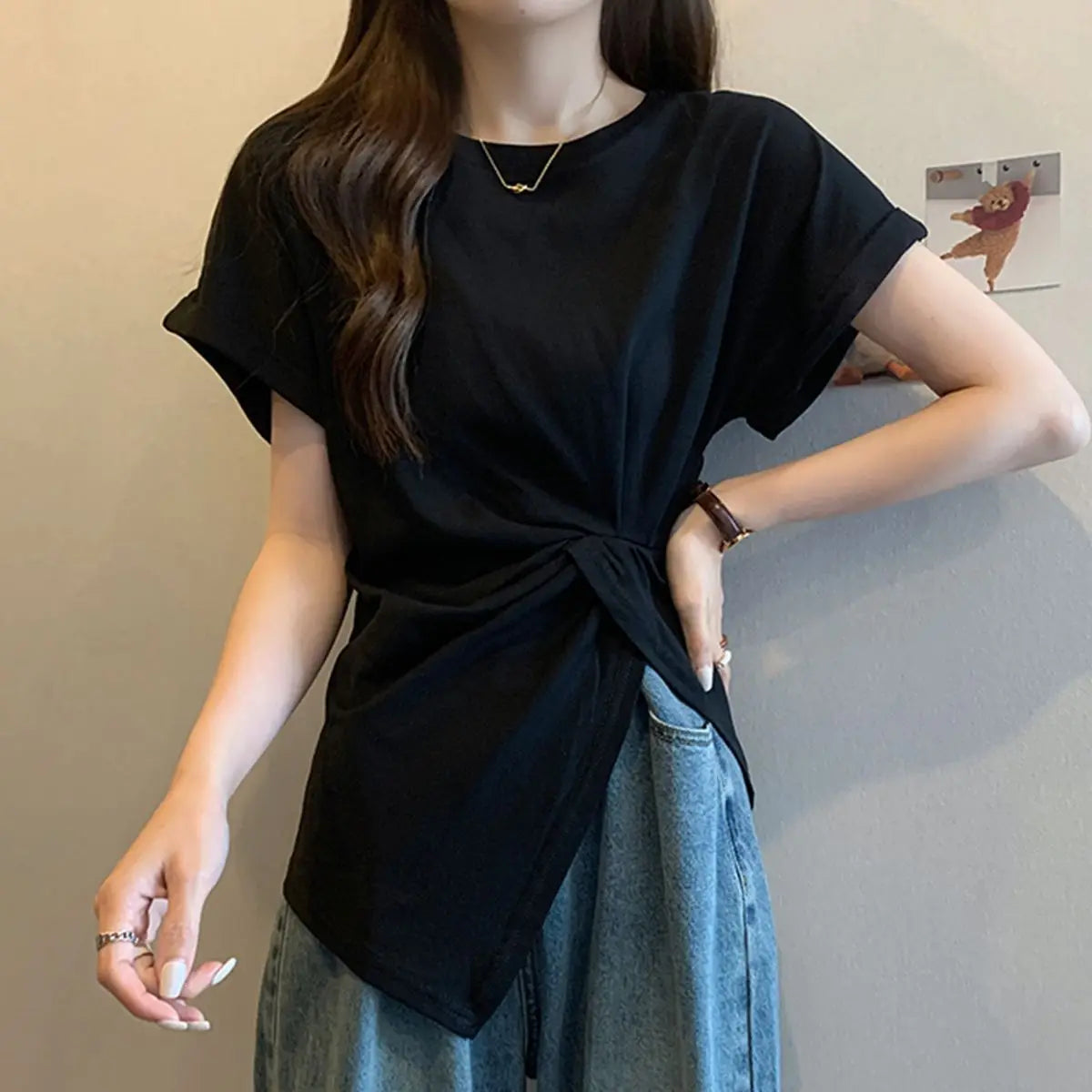 Slimming Short Sleeve T-Shirt Women's Fashionable Asymmetrical Hemline Versatile Korean Style Polyester Casual Summer Top