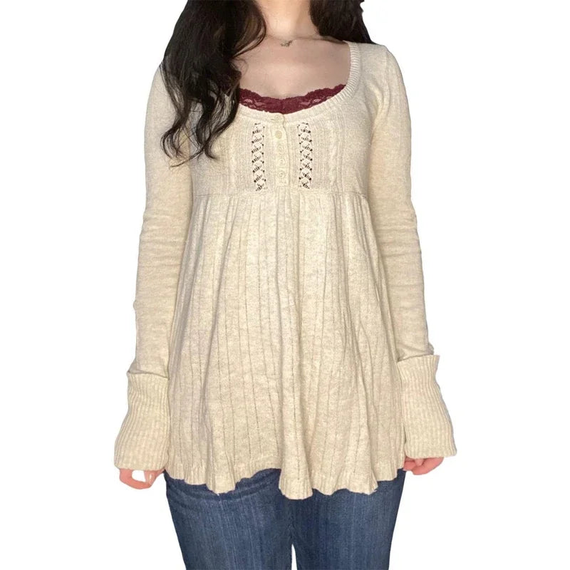 Vintage Babydoll Tops Pullovers Lady Aesthetic Coquette Knit Sweaters Outfit Autumn Square Neck Long Sleeve Knitwear Jumpers