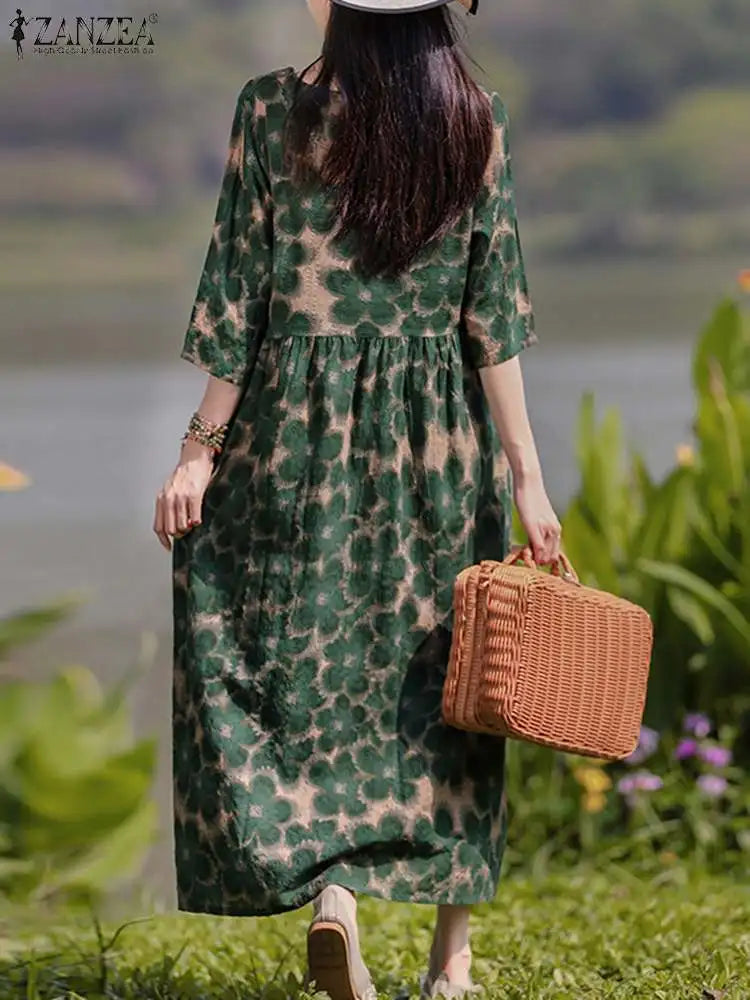 ZANZEA Vintage Floral Print Dresses Women Bohemian Long Dress Autumn Long Sleeve Maxi Sundress Stylish Holiday Robe Vestidos