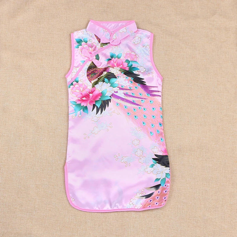 Cheongsam Dress Baby Girl Qipao Summer Clothes Peacock Sleeveless Slim Traditional Dress Child Girls Clothes Chinese Style