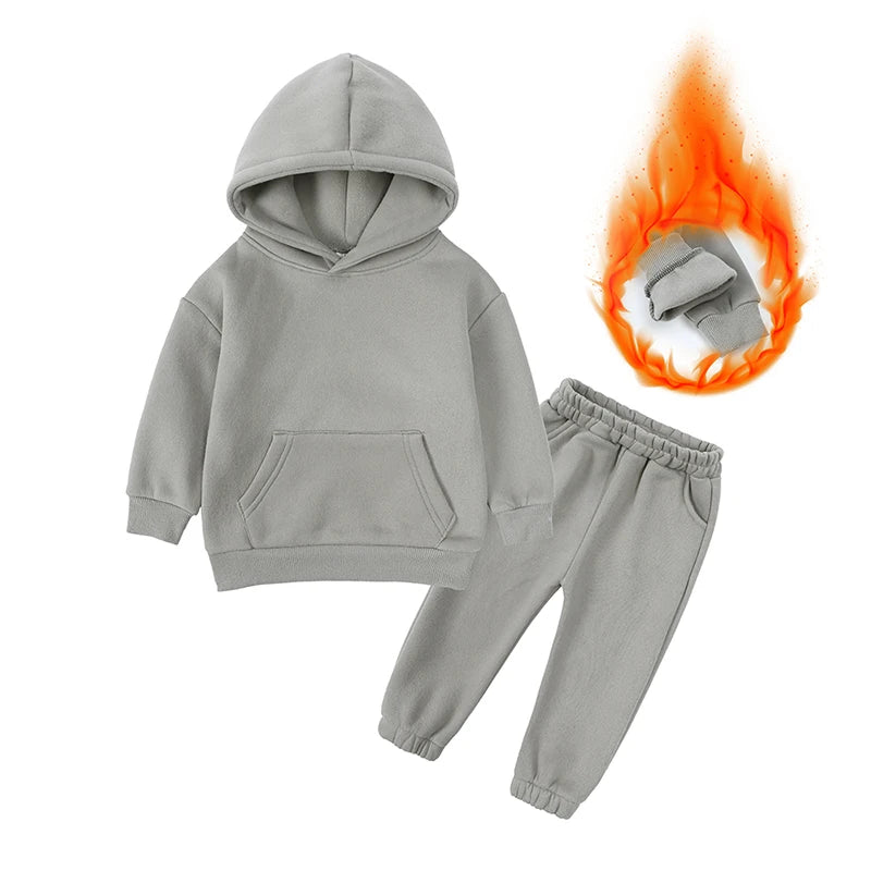 2026 Winter Children Fleece Outfits Toddler Warm Thicken Cotton Soild Hoodies+Pants Tracksuit Kids Boy Girl Sweatsuits Sets