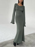 Sexy Backless Knitted Sweater Maxi Dress Outfits for Women Flare Sleeve Dresses Edible Tree Fungus Clothes 2024 Winter