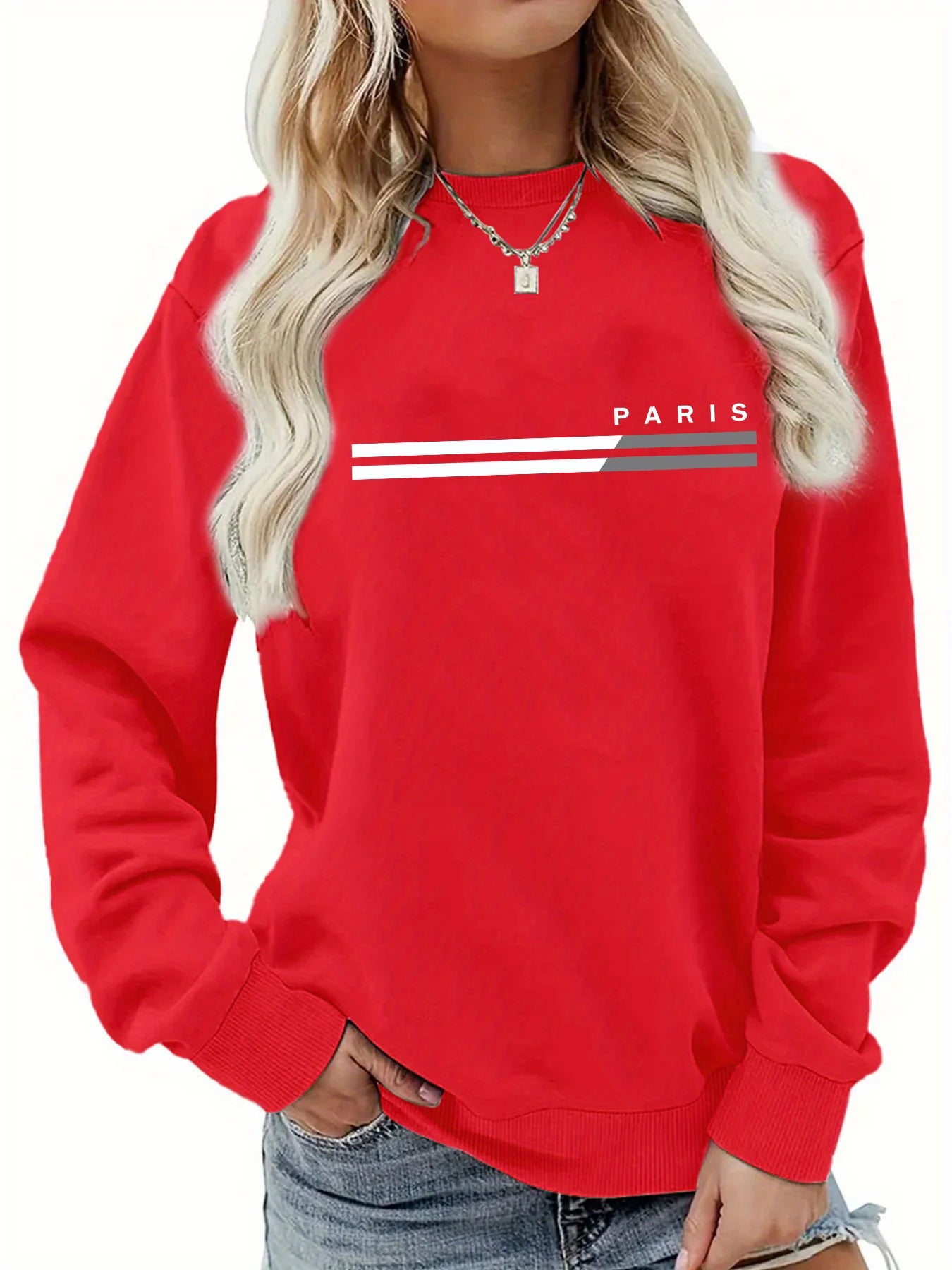 Women's autumn and winter casual, fashionable, loose, comfortable, warm, Paris pattern printed round neck long sleeved pullover