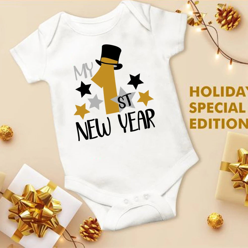 My First New Year Printed Baby Romper New Year Infant Romper Short Sleeve Jumpsuit Toddler Holiday Clothes Newborn Shower Gifts