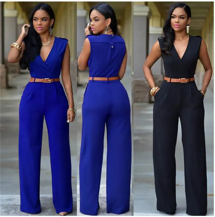 Summer Women's Jumpsuit Wide Leg Pants V-Neck One-Piece Suit with Belt Casual Fashionable Ladies' All-In-One Clothing