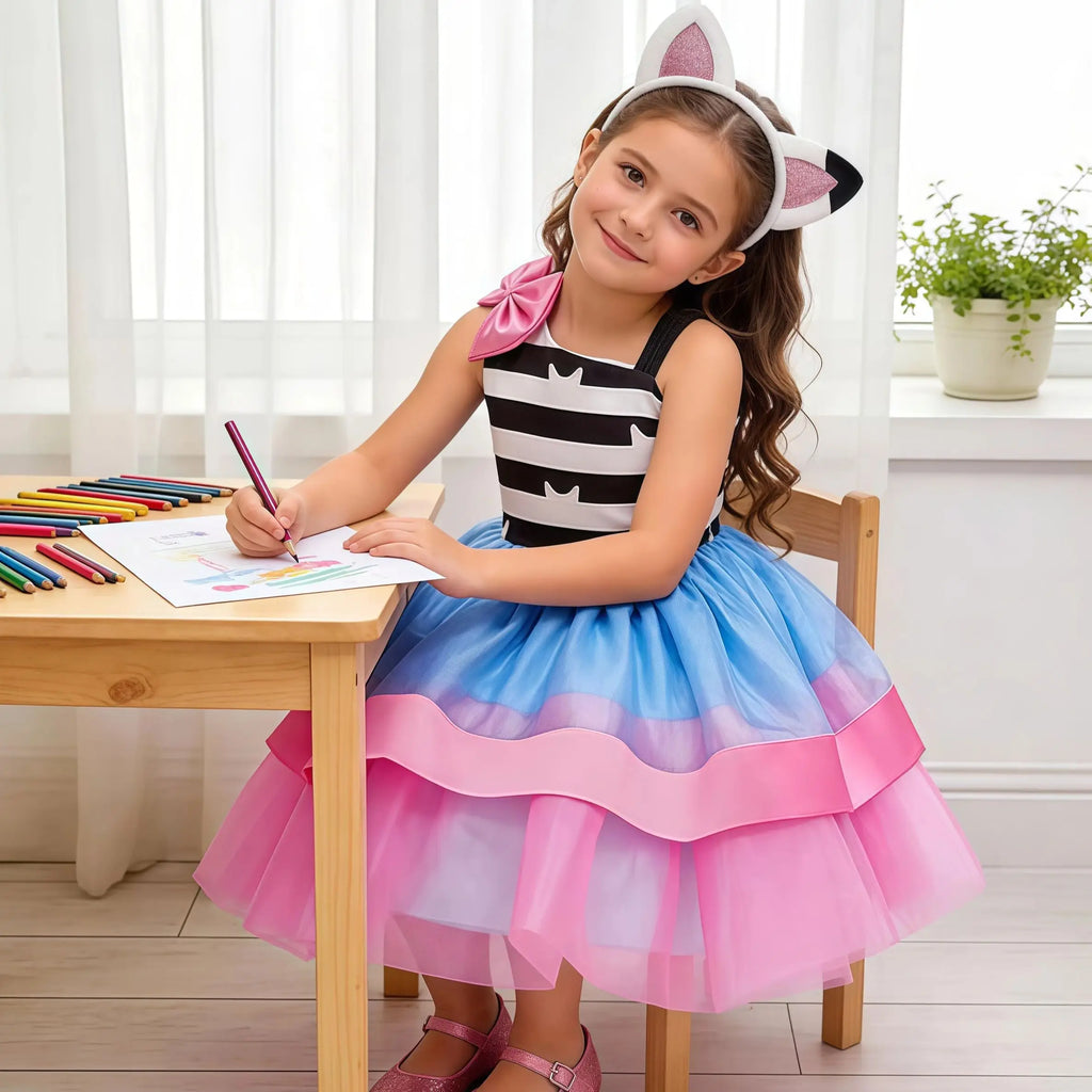 Rainbow Cartoon Cat Costume For Girls Kids Princess Birthday Tutu Dress Outfit For Children Halloween Party Carnival Dress Up