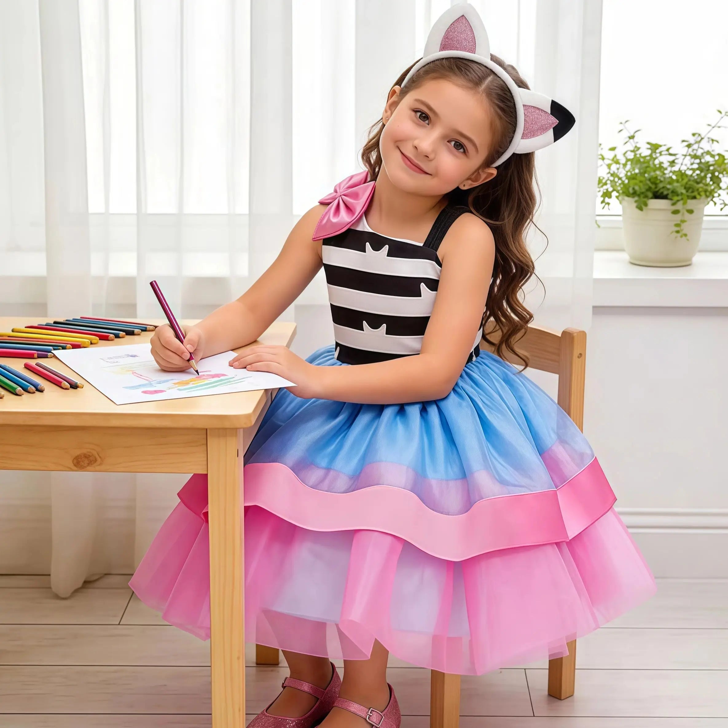 Rainbow Cartoon Cat Costume For Girls Kids Princess Birthday Tutu Dress Outfit For Children Halloween Party Carnival Dress Up