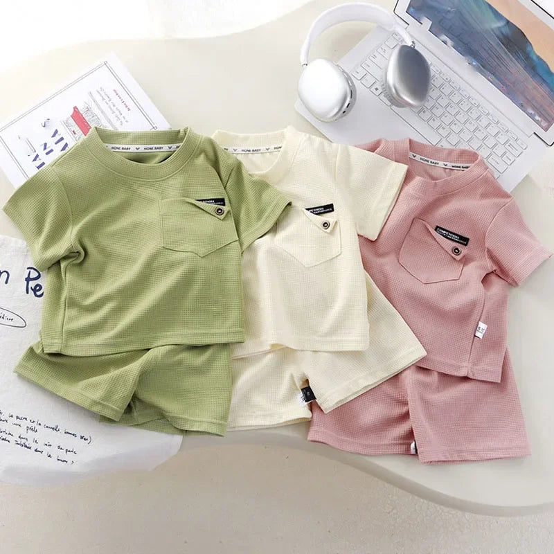 Children Clothing Summer Waffle Short Sleeved Outfits Fashion Boys Girls Casual Sports Shirt Suits Thin Solid Kids Top+pants Set