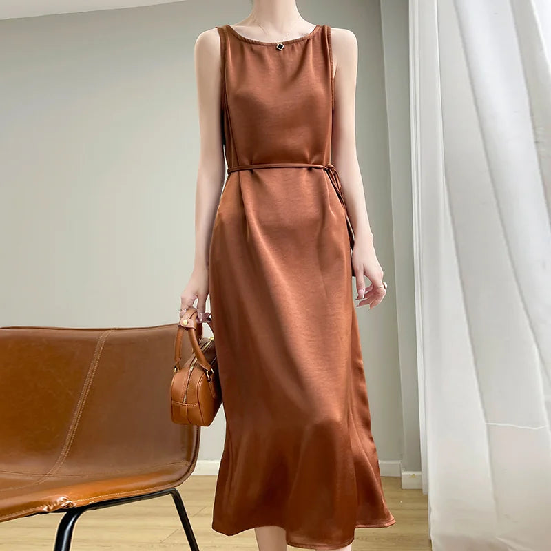 Summer 2024 Women's Sleeveless Vest Dress Korean Style Acetate Satin Long Skirt with Belt Tea Break Method Slimming Gown