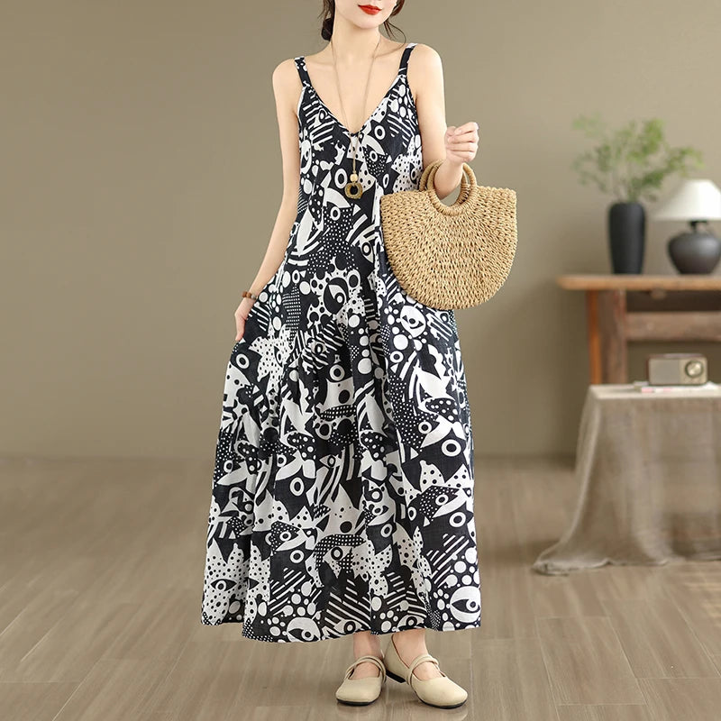 Soft Skin-Friendly Thin Cotton Linen Print V-Neck Waist-Cinched Strap Dress Large Size Summer Long Skirt Women's Dress