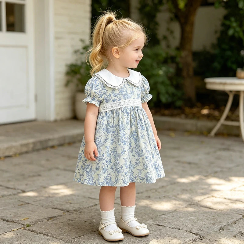 2026 New Girls Children Dress Summer 2-6Yrs Bubble Short Sleeve Dress Floral Print Ruffled Collar Cotton Sweet Dress