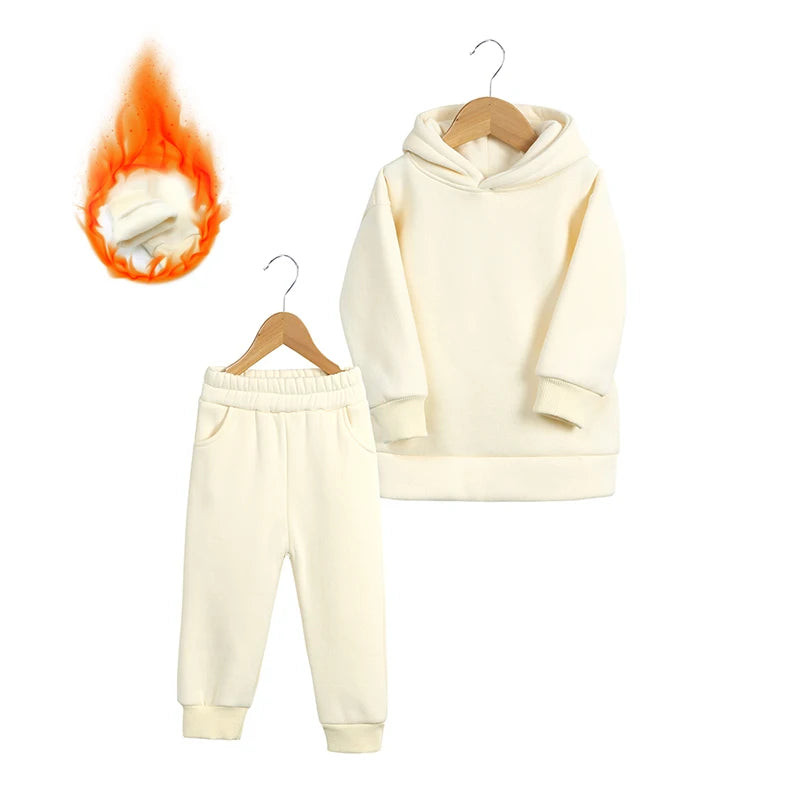 2026 Winter Children Fleece Outfits Toddler Warm Thicken Cotton Soild Hoodies+Pants Tracksuit Kids Boy Girl Sweatsuits Sets