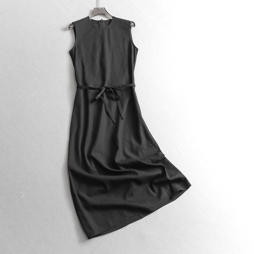 Mixed Cotton Linen Waist-Cinching Slim Fit round Neck Sleeveless Midi Dress Casual Breathable Comfortable Skin-friendly Summe...