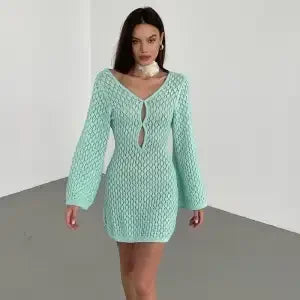 Sexy Pearls Hollow Out Knit Mini Dress Women Sweet Backless Beach Holiday Evening Dresses Party Summer Vacation Robes Design New