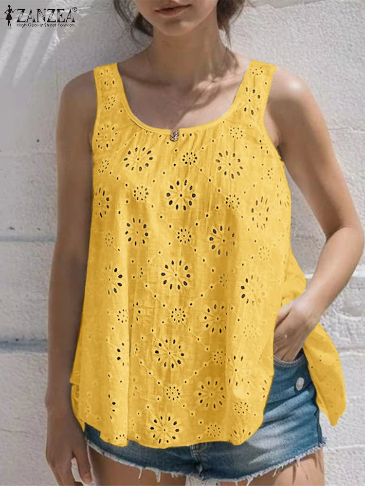 ZANZEA Women Summer Hollow Out Embroidery Tanks 2024 Fashion Vacation Casual Solid Color Tunic Tops Loose Sleeveless Blouses