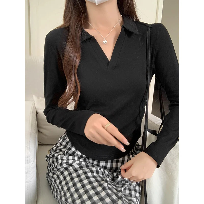 Autumn Cotton Sexy Women's T Shirt Long Sleeve Skinny Slim Basic Solid Black White Crop Top Polo TShirt Casual Top Tee for Women