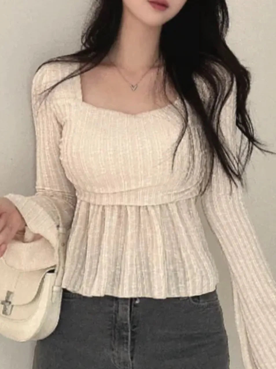 Chic Spring Knitted Top Women's Slim Fit Long Sleeve Bell Sleeve Square Collar T-Shirt Waist Cinching Flounce Hem Korean Style