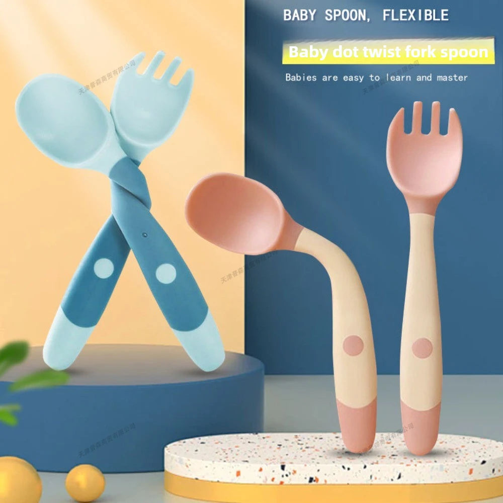Baby Fork and Spoon Set Soft Silicone Handle Bendable Toddler Utensils Training Tableware Self Feeding Tools for Infants Kids