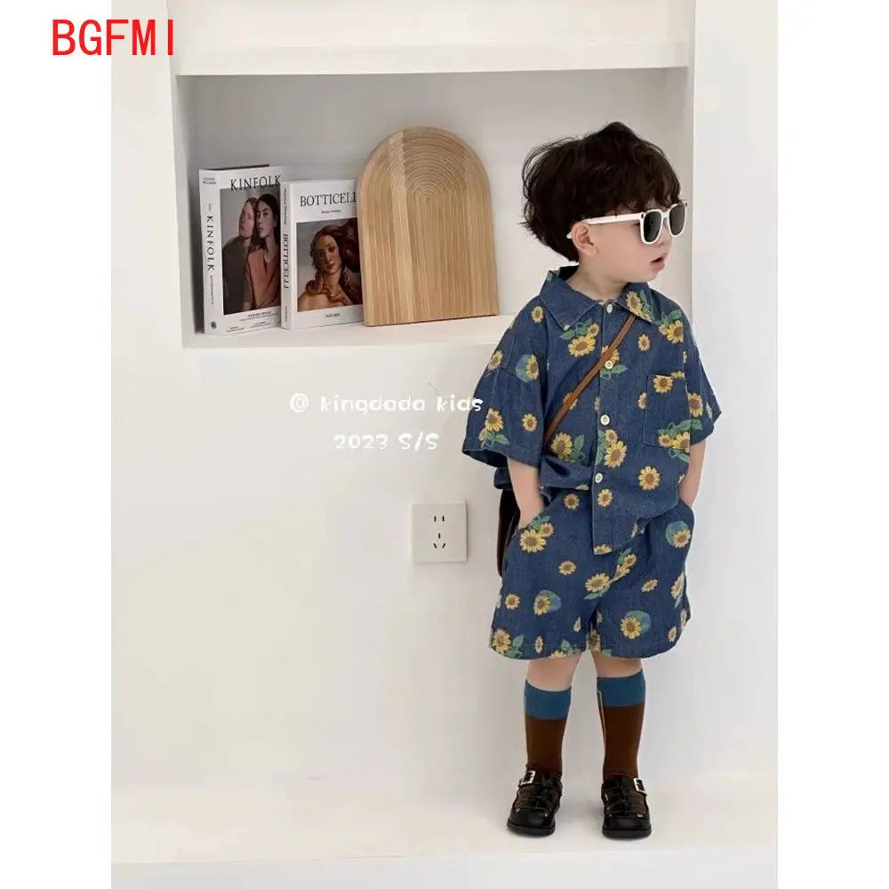 2026 Kid Daisy Soft Denim Short Sleeve Set Boys Girls Denim Shirts and Shorts Two Piece Set Ins Simple Casual Sportswear 2PCS