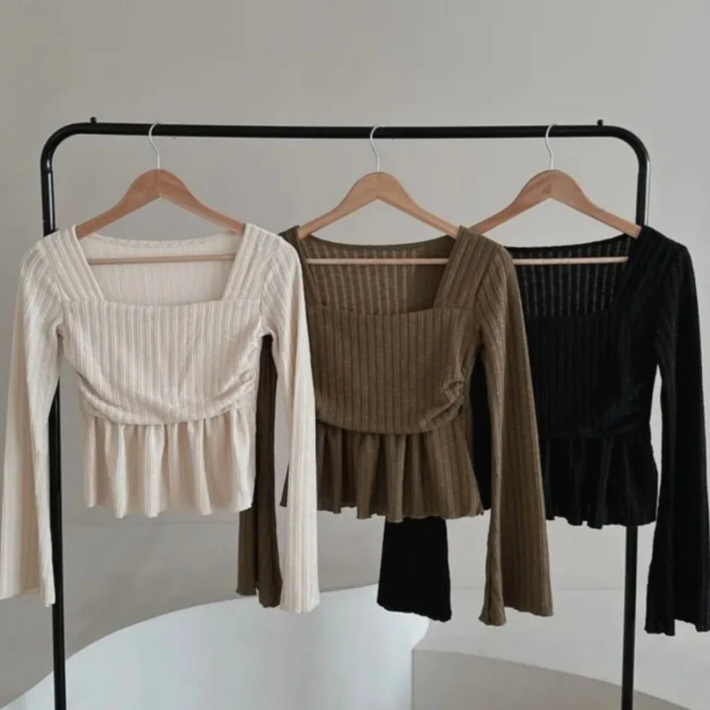 Chic Design Knitted Sweater Women's Square Collar Waist Cinched Flared Sleeve Inner Wear Short Top Commute Style