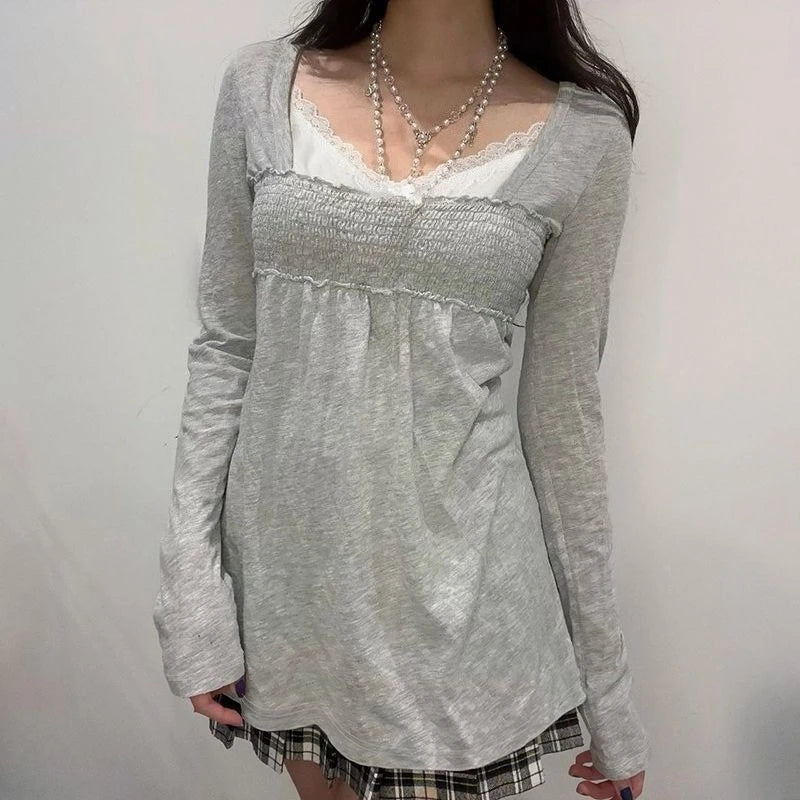 Japanese Y2K Fashion Top Long Sleeve Lace Trim Square Neck Blouse Women Casual American Retro 2000s Chic Tee Summer Streetwear