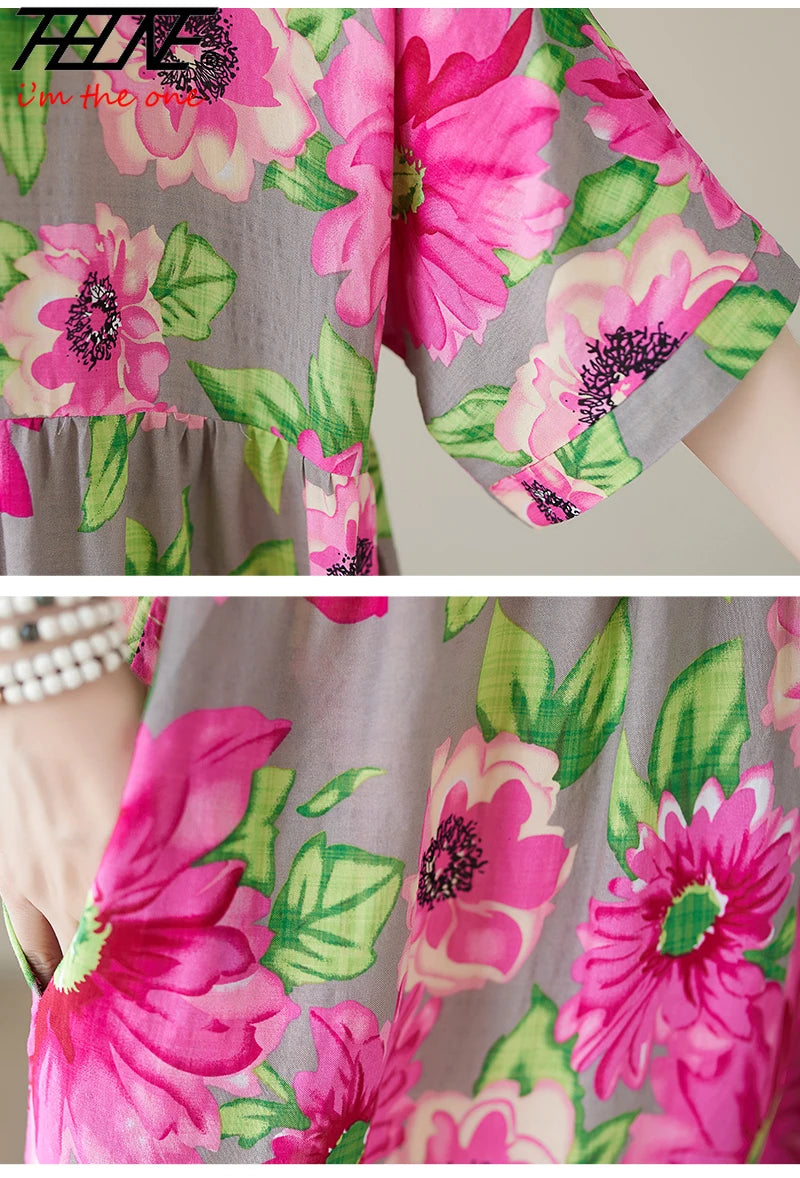 THHONE Vestidos Para Mujer Bohemian Print Maxi Long Dress for Women 2024 Floral Casual Cotton Linen Loose Vintage Robe Dresses