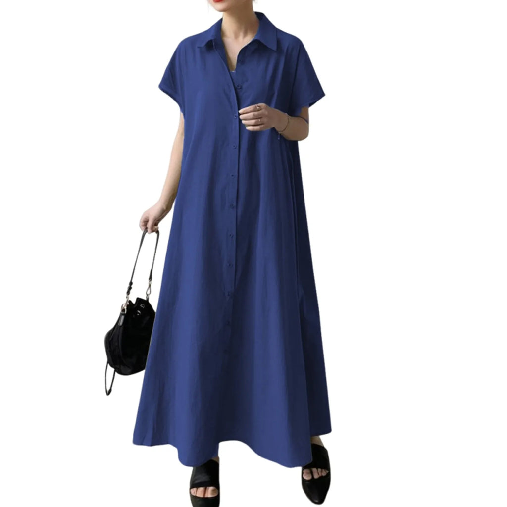 Women's shirt dress loose casual solid color lapel single-breasted short-sleeved dress summer long dresses vestidos femenino