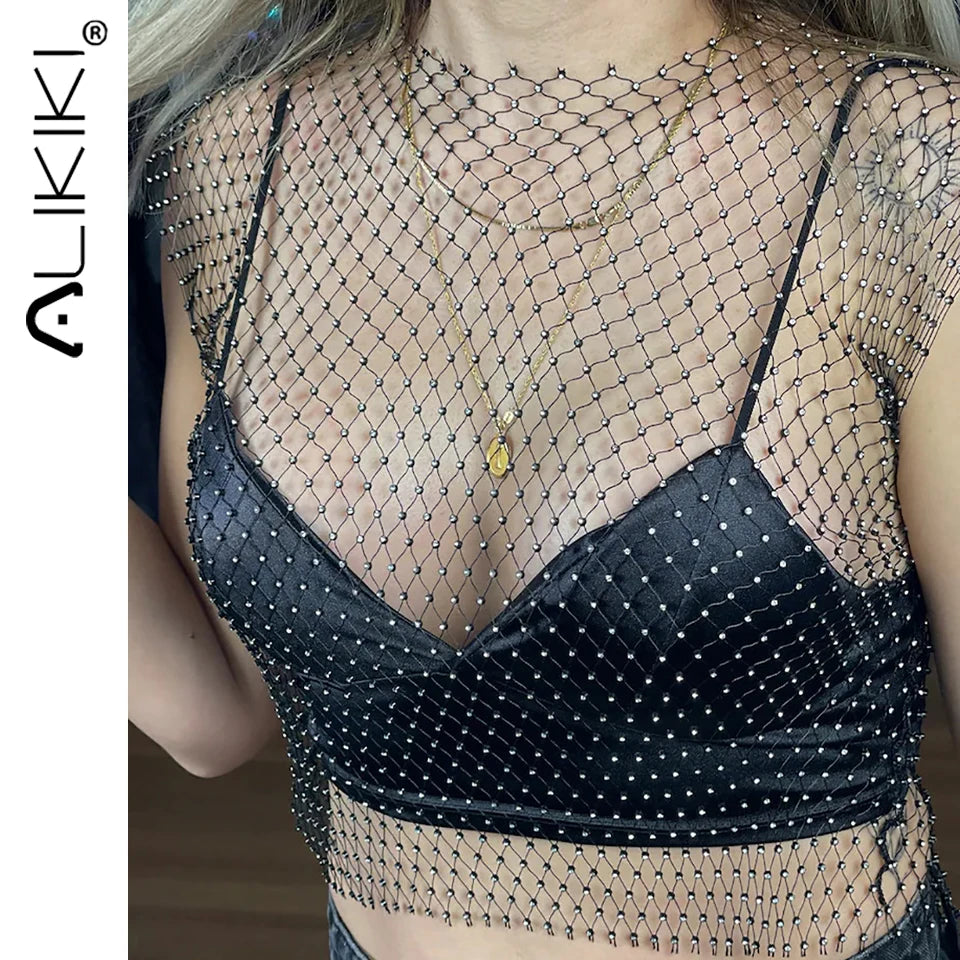 Women Sexy See Through Mesh Diamond Tank Tops Hollow Out Rhinestone Vest Beach Cover Up Crop Tops For Rave Festival Clubwear