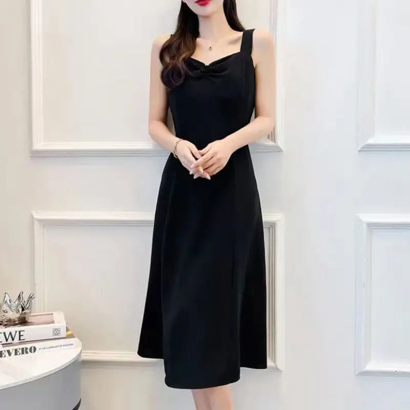 Fashion V-Neck Folds Slip Midi Dress Casual Summer Vintage Broken Flowers Commute Female Clothing Elegant A-Line Waist Dresses