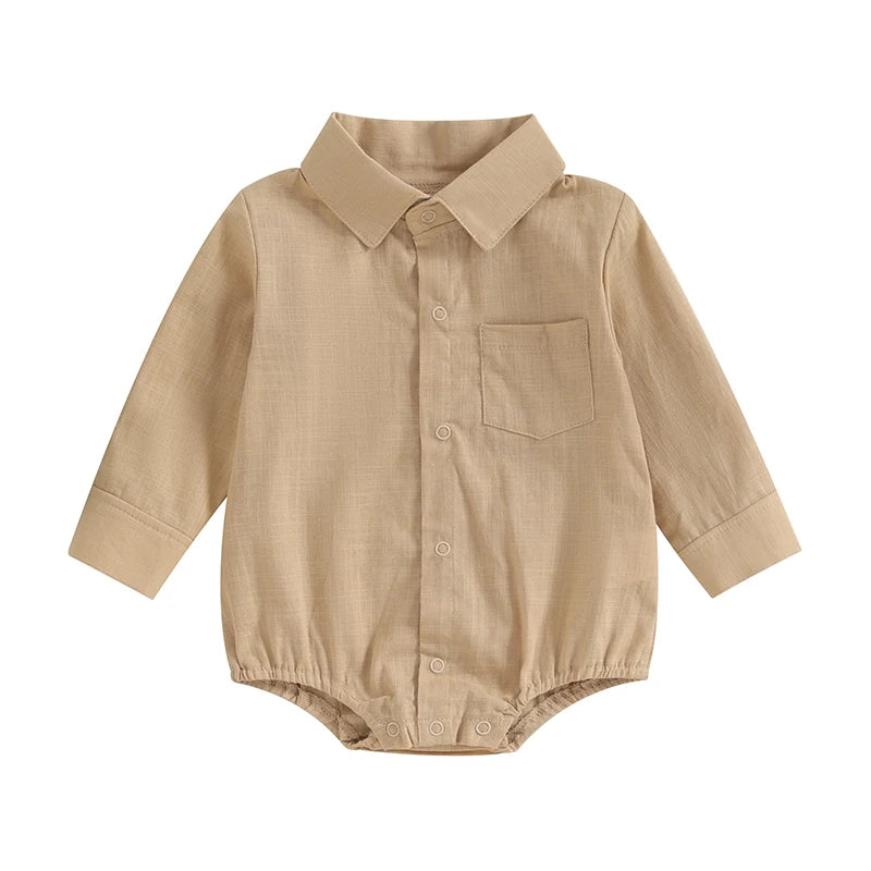 2023-08-16 Lioraitiin 0-24M Newborn Baby Boy Cotton Linen Shirt Romper Solid Long Sleeve Lapel Button Down Jumpsuit Clothes