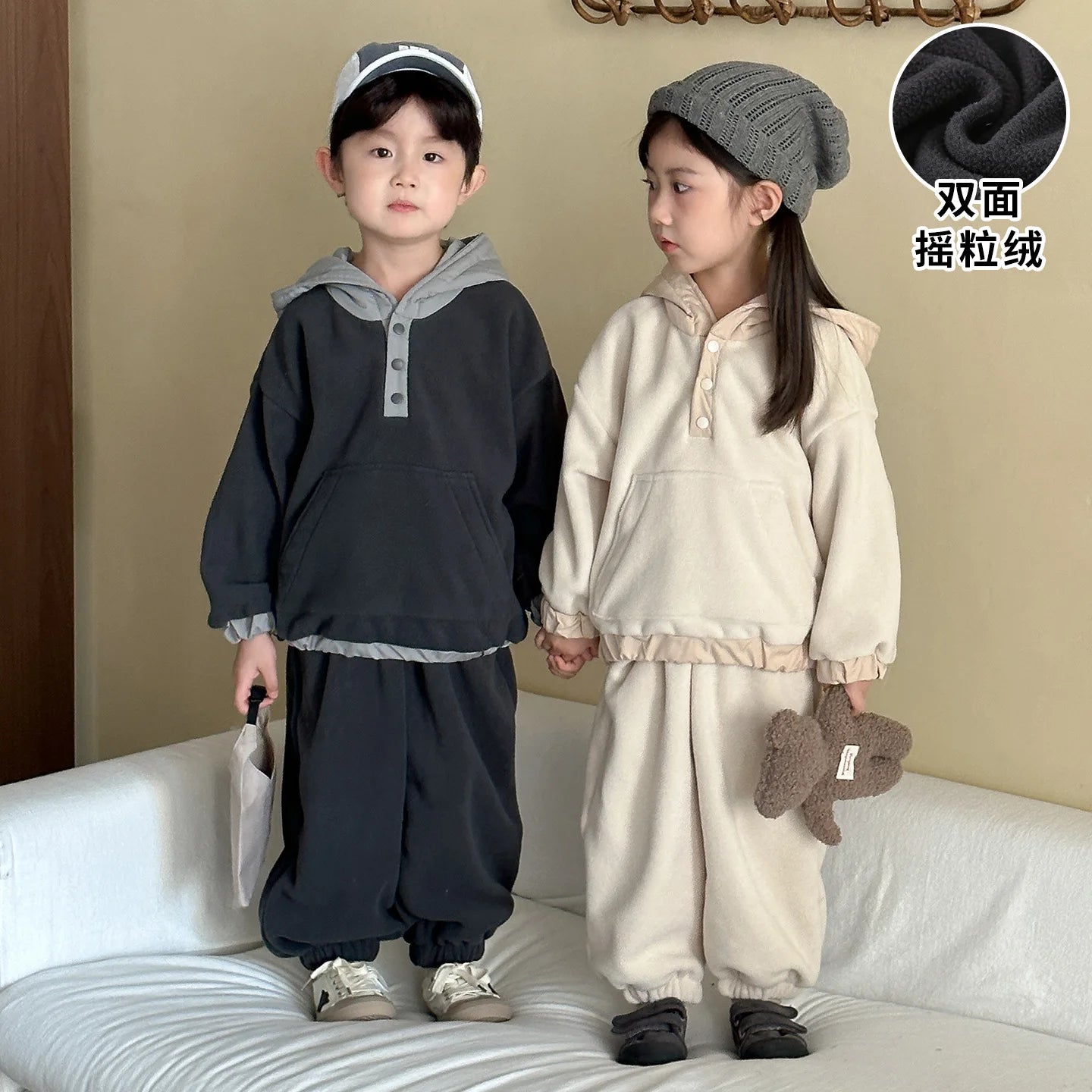 2025 New Baby Casual Kids Fleece Suit for Boys and Girls Plus Velvet Warm Sweatshirt Two-piece Set Boutique Clothing SimpleStyle