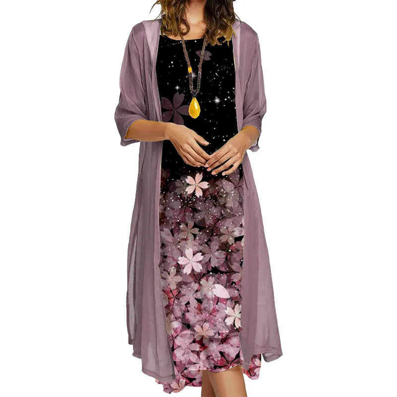 Fall 2025! Europe and the United States cross-border fashion casual loose print dress needle coat two-piece set