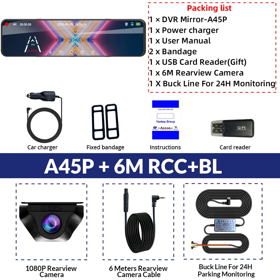 E-ACE Car DVR 24H Touch GPS Night Vision Connect Phone 12 Inch Record Sound Rear Camera 4K Dash Cam Optional Dual-Lens Black Box