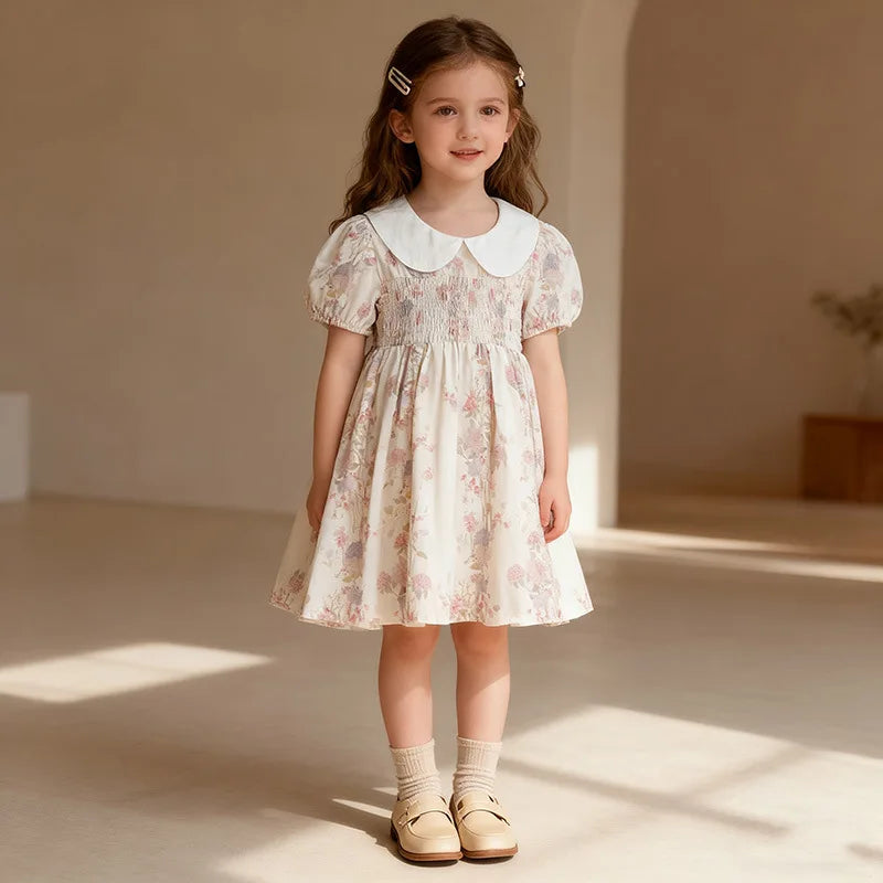 Baby Girl Dress Summer New Doll Collar Pink Print  Puff Short Sleeve Fashion Princess Dress Toddler Cotton Casual Party Clothes