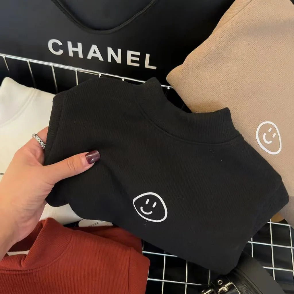 1pcs Autumn Winter Childrens T-Shirt Solid Velvet Warm Tops Babys Kids Half High Collar Long Sleeve Base Shirt Girls Boys Tshirt