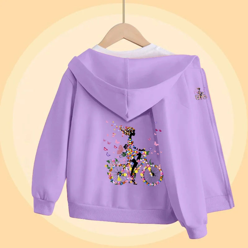 Butterfly Bike Cartoon Sweatshirt for Girls Autumn Long Sleeve Coats Girl Cotton Hoodie with Zipper 5-14T