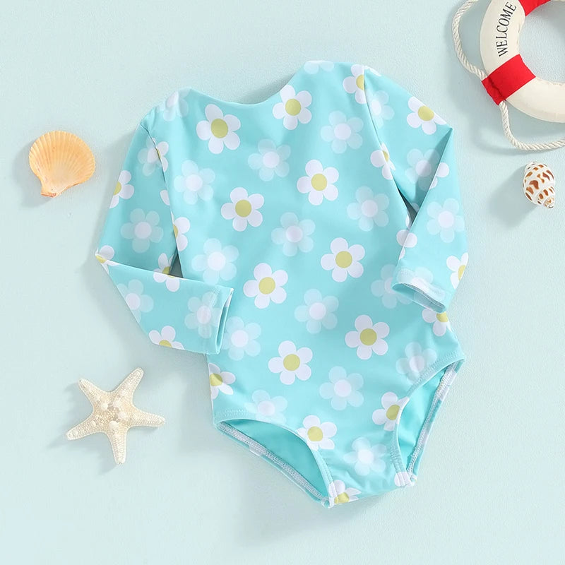 0-4Y Baby Girls Long Sleeve Swimwear Floral Print Back Cut Out Knot Swimsuits Toddler Bathing Suits Beachwear Kids Bikini