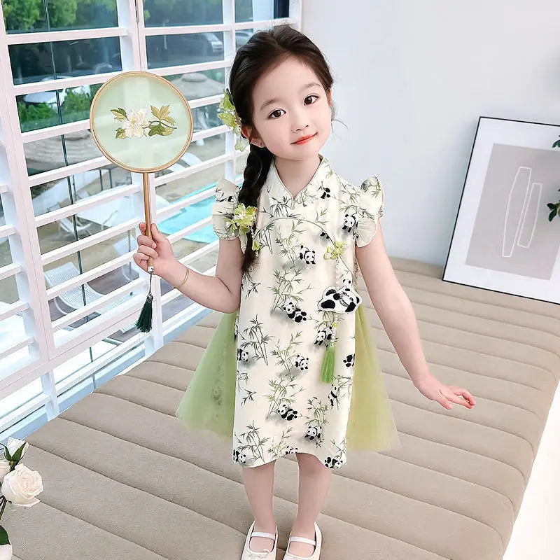 2026 Chinese summer panda girls Clothes retro teens lace hanfu qipao mesh Child Princess flower Dress 5 6 7 8 9 10 12 new year