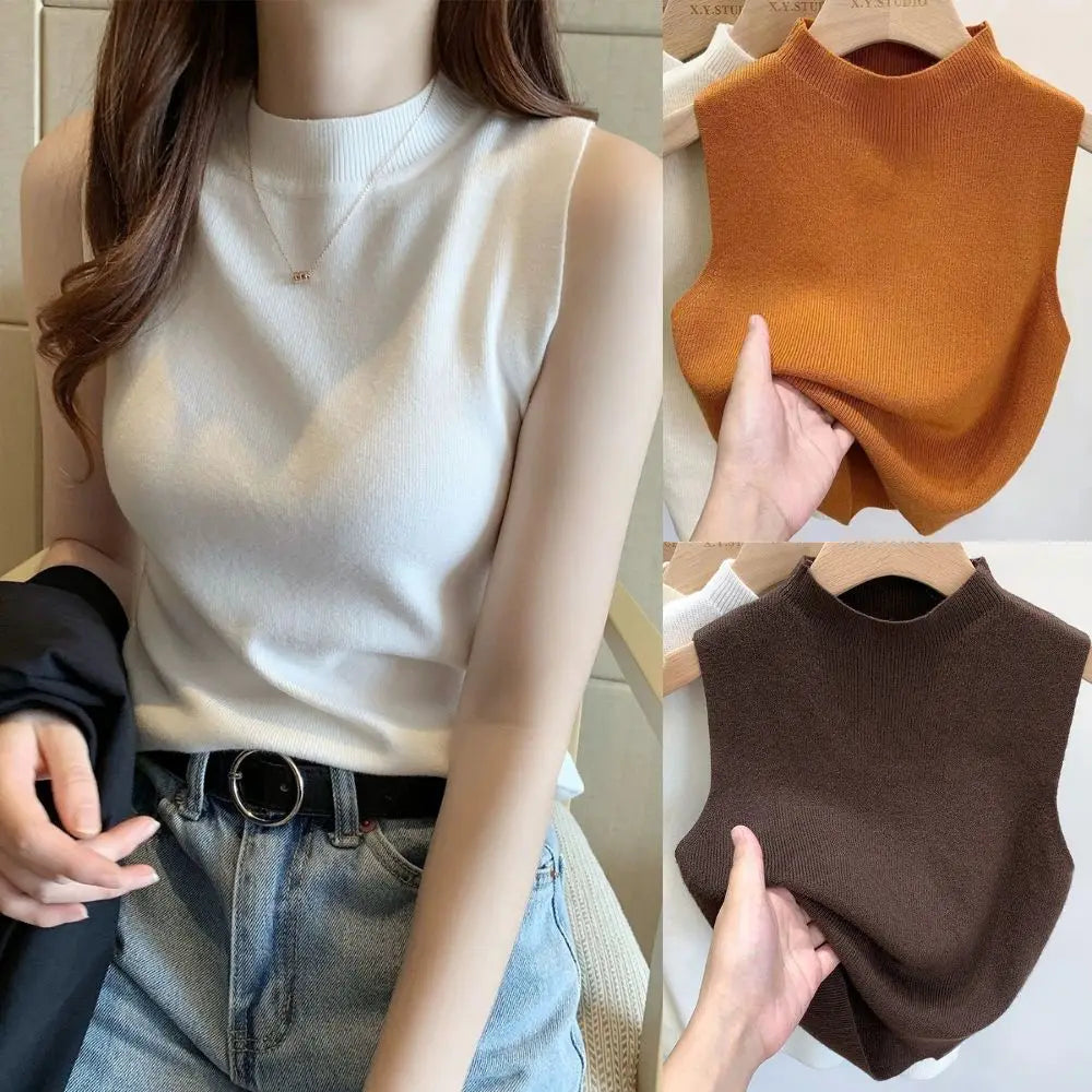 Elegant Knit Vest Top Sleeveless Women Camisole Tees T-Shirt Pure Color Sweater Half-turtleneck Vest Tank Top Simple Cropped Top