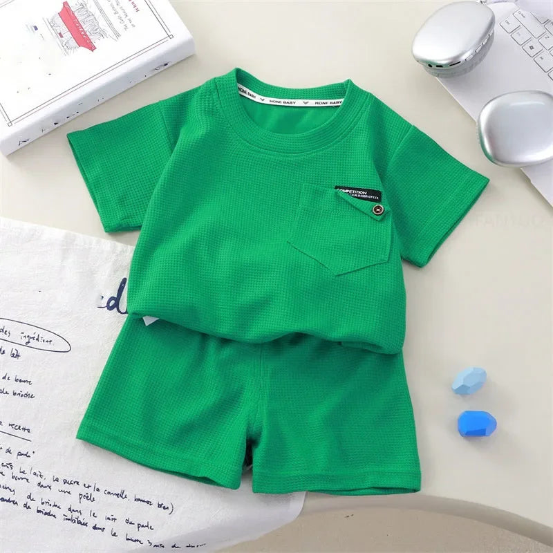 Children Clothing Summer Waffle Short Sleeved Outfits Fashion Boys Girls Casual Sports Shirt Suits Thin Solid Kids Top+pants Set