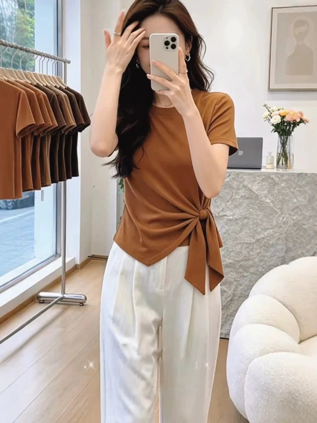 Pure Cotton Short Sleeve T-Shirt Women's Summer plus Size Slim Fit Irregular Belt Design Korean Style round Neck Top