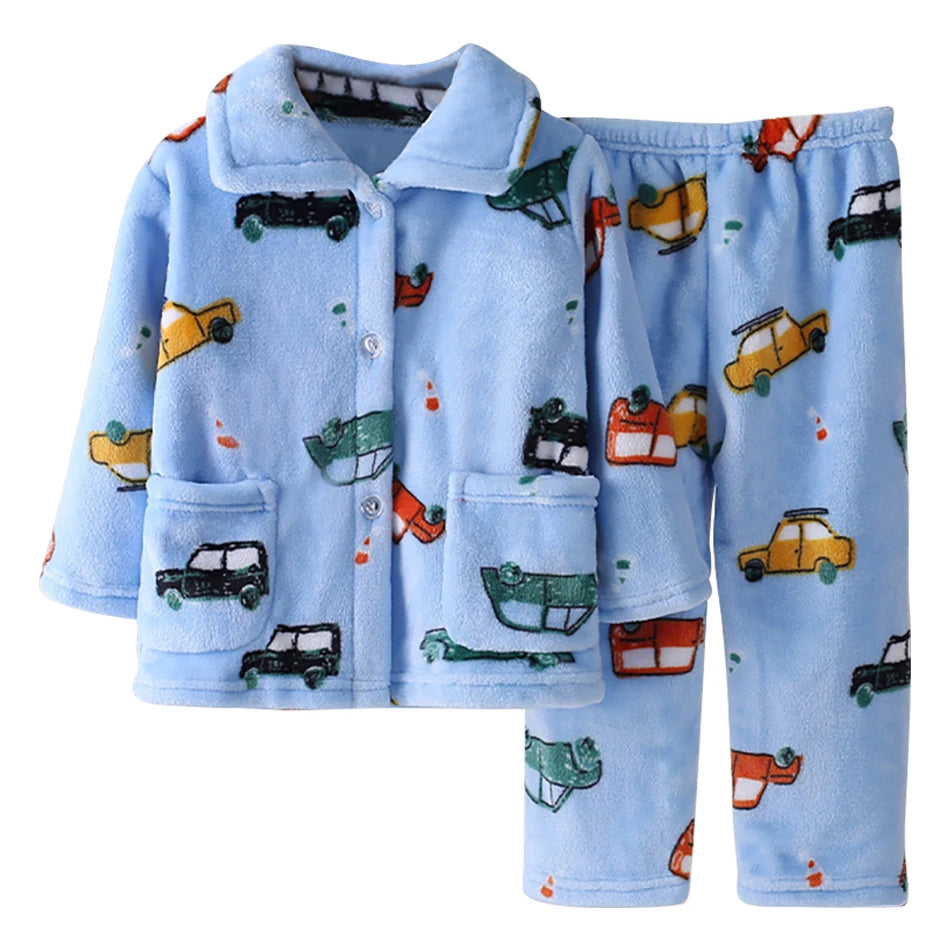 Winter Kids Pajama Set Coral Fleece Sleepwear with Cute Cartoon Clothing Ultra Warm Comfortable Long Sleeve Pajamas for Boy Girl